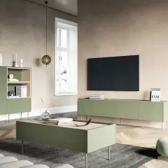 Nowoczesny salon z meblami w kolorze **kolor oliwkowy jasny**. Niska szafka RTV, stolik kawowy i regał tworzą spójną aranżację.
