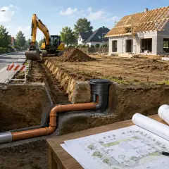 Budowa domu, wykop pod instalacje wodne, koparka, plany i dokumenty.