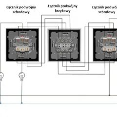 Schemat jak podłączyć włącznik schodowy podwójny krzyżowy. Pokazuje połączenia między dwoma włącznikami schodowymi a jednym krzyżowym, sterującymi dwoma żarówkami.