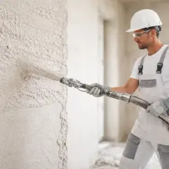 Robot tynkarski nakłada tynk na ścianę. Szacowany koszt tynkowania domu 120m2.