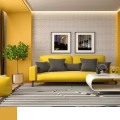 Nowoczesny salon z żółtą kanapą i fotelami, gdzie odcienie żółtego farby tworzą słoneczną atmosferę.