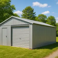 Szary garaż z blachy, z drzwiami i bramą, na trawiastym podwórku. Idealny do rozważenia koszt budowy garażu 70m2.