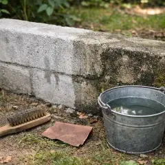 Jak odnowić stary murek betonowy? Metalowa szczotka, papier ścierny i wiadro z wodą czekają, by przywrócić mu dawny blask.