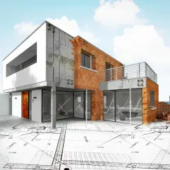 Nowoczesny dom w budowie, z ceglanymi ścianami i betonowymi elementami, leży na planach architektonicznych. To idealny obrazek, by zacząć budowę domu od czego zacząć.