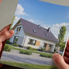 Darmowe projekty domów w katalogu. Piękny, nowoczesny dom z ogrodem i podjazdem.