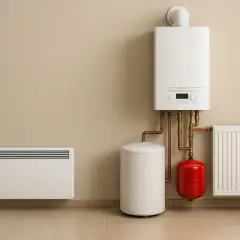 Nowoczesny system ogrzewania elektrycznego: kocioł, zasobnik, grzejnik i panel grzewczy.