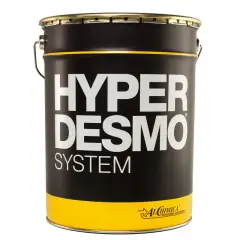 Czarny metalowy pojemnik z napisem HYPER DESMO SYSTEM. Idealny do profesjonalnych zastosowań budowlanych.