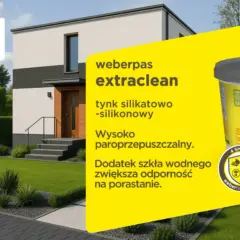 Nowoczesny dom z pięknym ogrodem, prezentujący weberpas extraclean – innowacyjny tynk silikatowo-silikonowy.