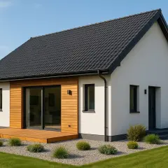 Nowoczesny dom 60m2 pod klucz z drewnianym tarasem i dużymi przeszkleniami.