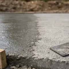 Świeży beton na budowie, narzędzia i drewniana deska. Czekamy, aż beton wyschnie.