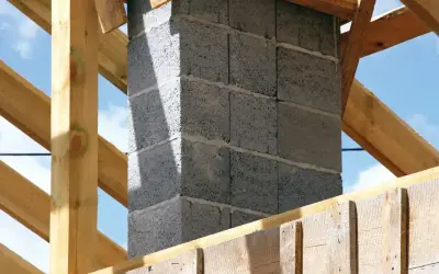 Budowa komina systemowego w trakcie. Betonowe pustaki tworzą jego ścianki, a drewniana konstrukcja dachu otacza go.