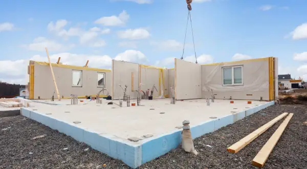 Budowa domu z prefabrykatu keramzytowego. Dźwig podnosi element ściany na fundament.