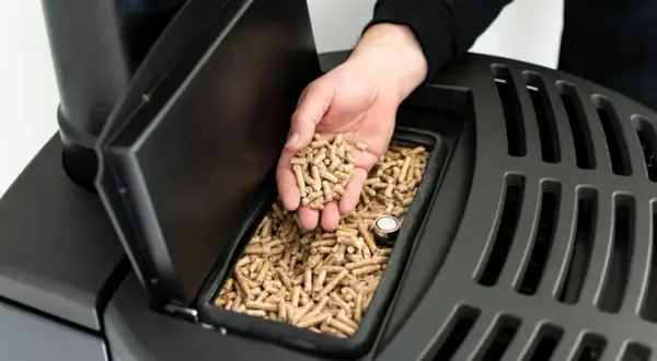 Dłoń wsypuje pellet do zasobnika nowoczesnego pieca. Idealny wybór, jaki piec na pellet do domu 120m2.