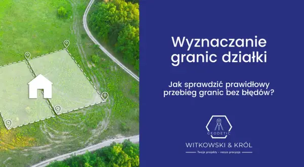 Wizualizacja wytyczenia granic działki z zaznaczonym domem i punktami pomiarowymi. Usługa geodezyjna.