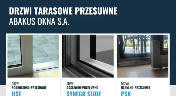 Rodzaje okien tarasowych: podnoszono-przesuwne HST, odstawno-przesuwne Synego Slide, uchylno-przesuwne PSK.