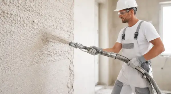 Robot tynkarski nakłada tynk na ścianę. Szacowany koszt tynkowania domu 120m2.