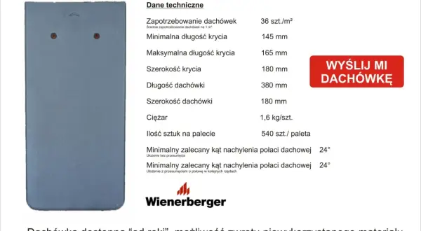Dachówka karpiówka szara Wienerberger: 36 szt./m². Dane techniczne, wymiary, ciężar, kąt nachylenia.