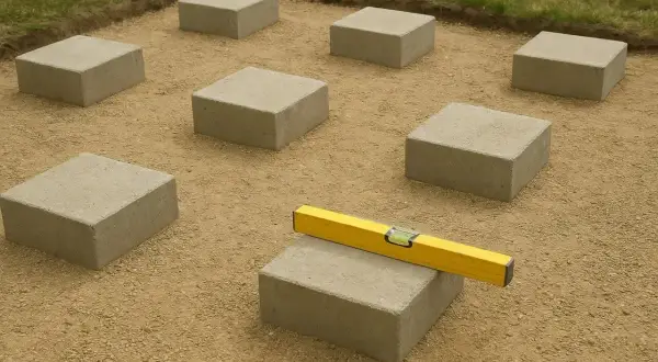 Układanie fundamentów pod taras betonowy. Kostki betonowe rozmieszczone na piasku, poziomica wskazuje idealne wyrównanie.