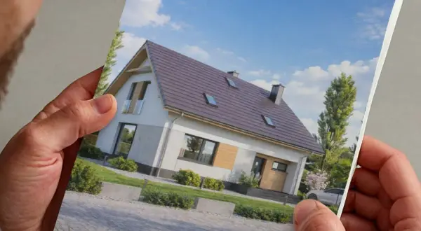 Darmowe projekty domów w katalogu. Piękny, nowoczesny dom z ogrodem i podjazdem.
