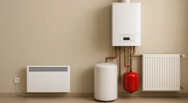 Nowoczesny system ogrzewania elektrycznego: kocioł, zasobnik, grzejnik i panel grzewczy.