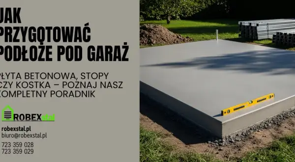 Gotowa płyta fundamentowa pod garaż, z poziomicą na krawędzi. Poradnik "Jak przygotować podłoże pod garaż" od Robexstal.