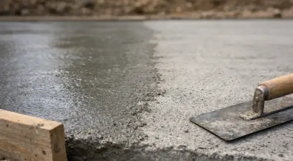 Świeży beton na budowie, narzędzia i drewniana deska. Czekamy, aż beton wyschnie.