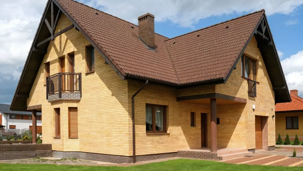 Jasny, ceglany dom z brązowym dachem i kominem. Widoczny jest cokół z ciemniejszej cegły, a także balkon i ganek.