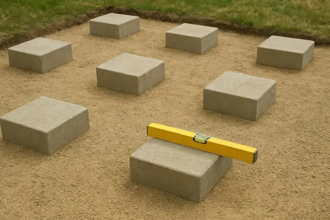 Układanie fundamentów pod taras betonowy. Kostki betonowe rozmieszczone na piasku, poziomica wskazuje idealne wyrównanie.