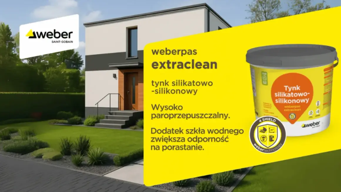 Nowoczesny dom z pięknym ogrodem, prezentujący weberpas extraclean – innowacyjny tynk silikatowo-silikonowy.