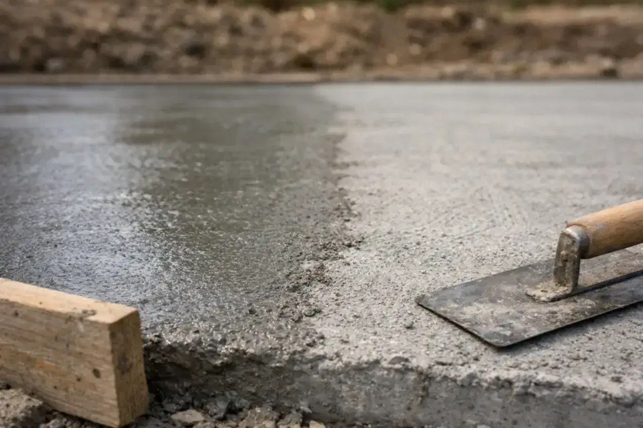 Świeżo wylany beton, widoczna kielnia i drewniany krawężnik. Czas schnięcia betonu zależy od wielu czynników.