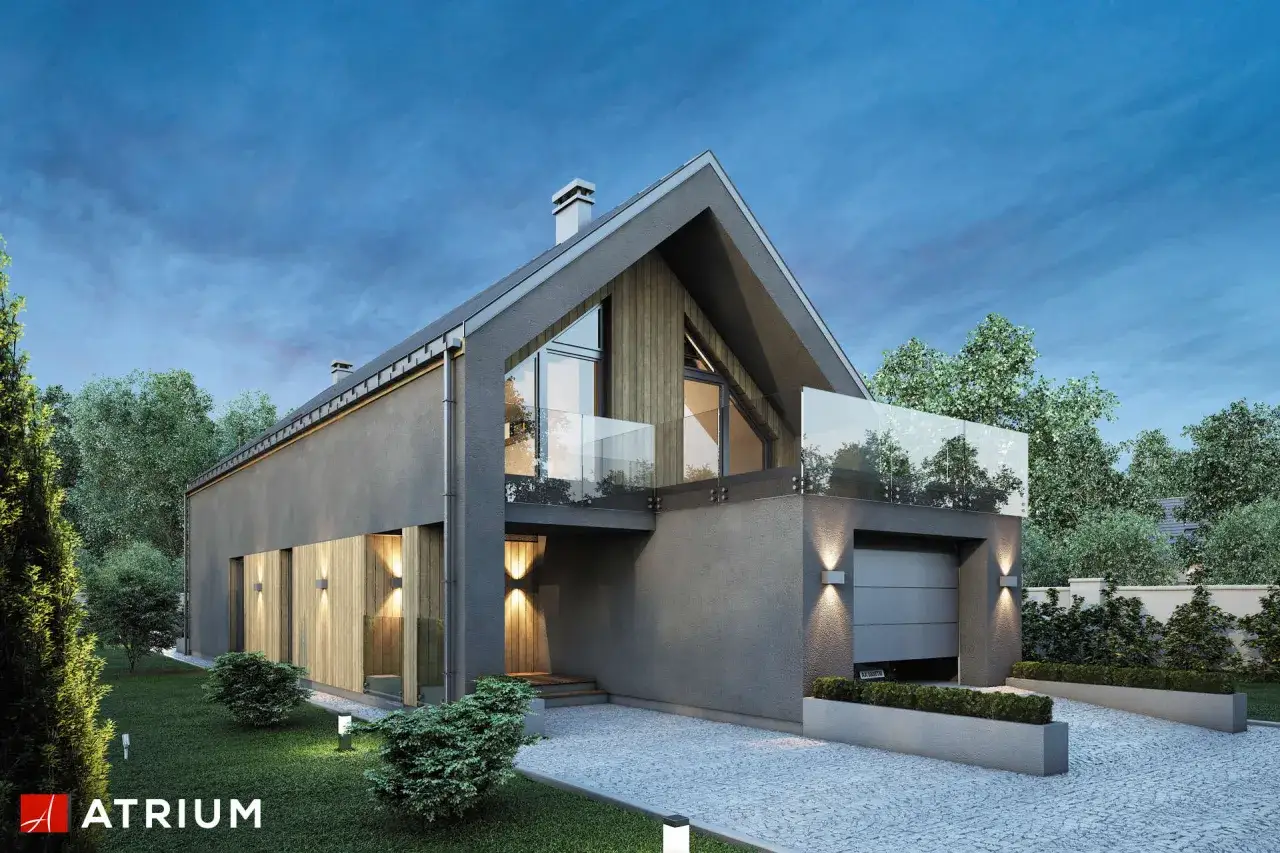 Nowoczesny dom z przeszklonym balkonem, idealny na wąską działkę do 15m. Elegancka bryła i oświetlenie tworzą przytulną atmosferę.
