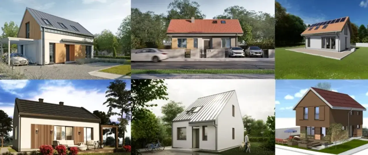 Kolaż prezentuje różne darmowe projekty domów jednorodzinnych, od nowoczesnych po tradycyjne, z garażami i ogrodami.