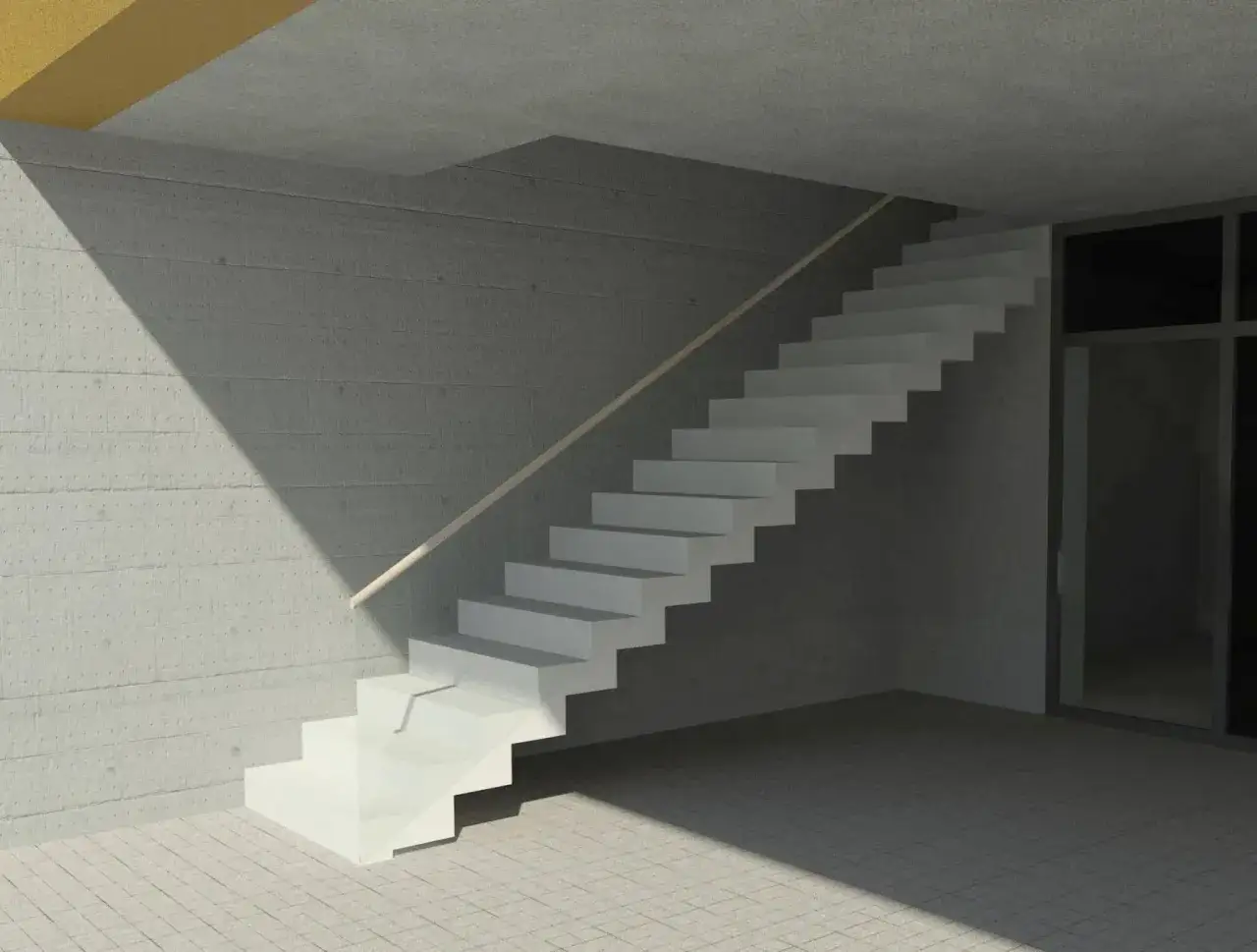 Nowoczesne schody dywanowe na beton, z drewnianą poręczą, w minimalistycznym wnętrzu.