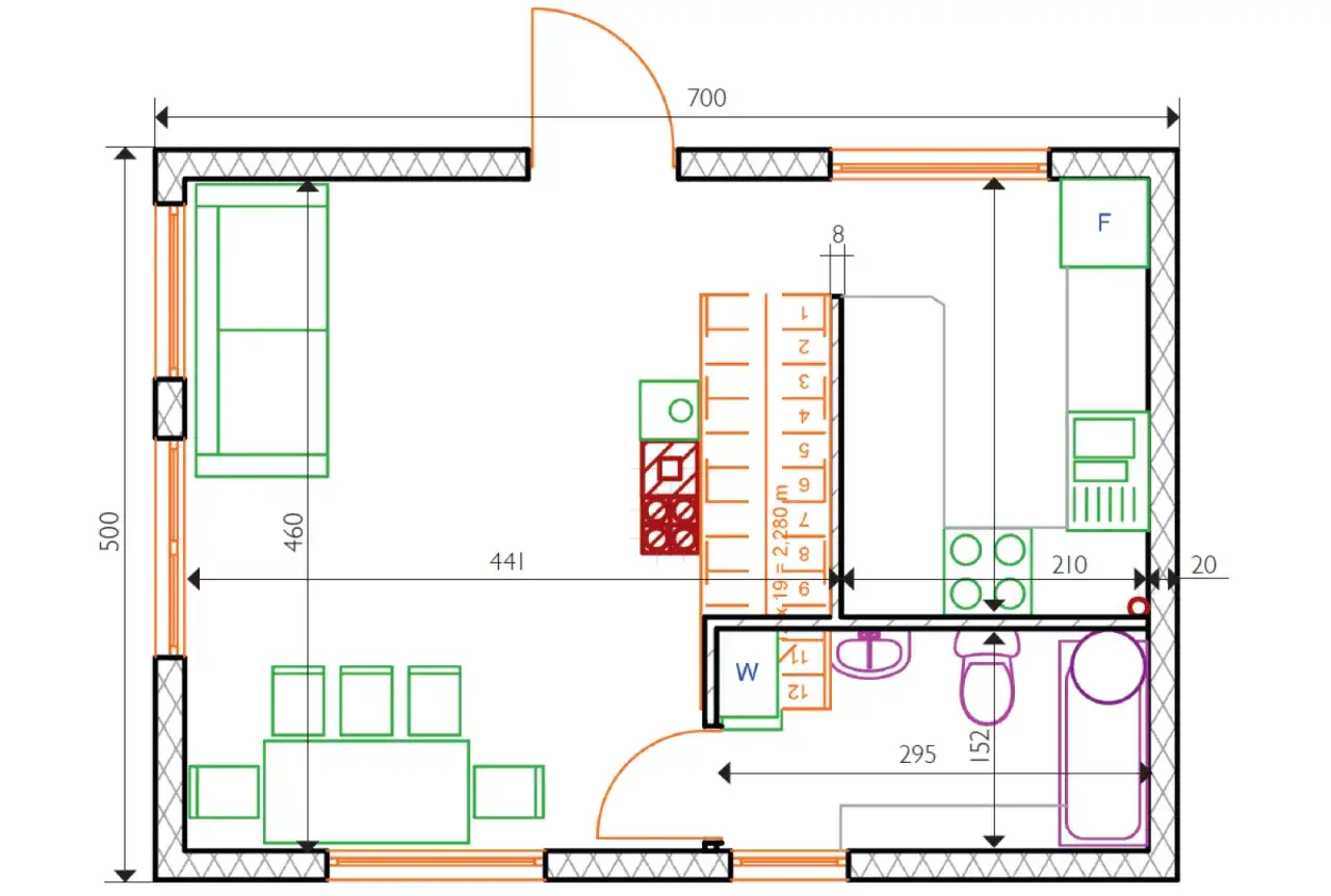Projekt funkcjonalnego domu 35m2: salon z aneksem kuchennym, łazienka i sypialnia.