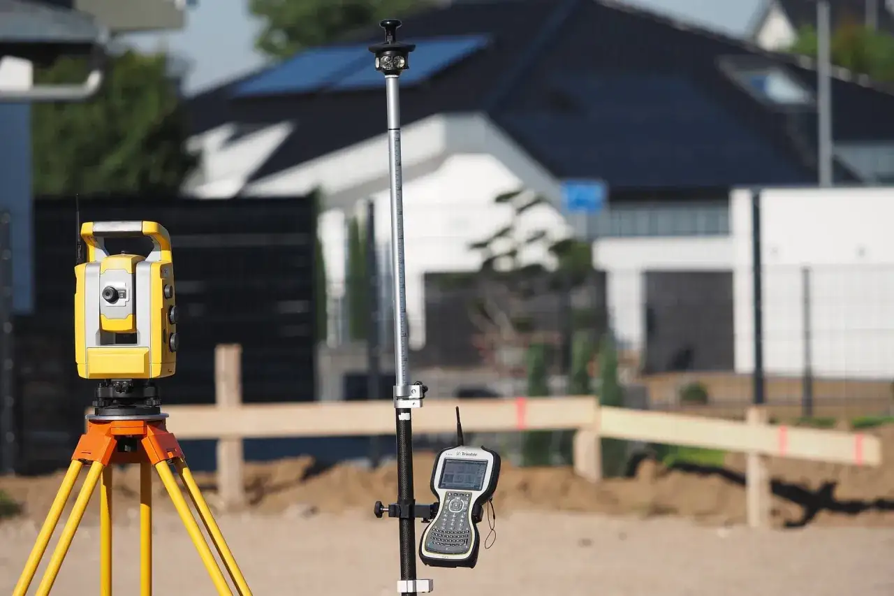 Precyzyjne wytyczenie granic działki za pomocą tachimetru i odbiornika GPS. Nowoczesne technologie geodezyjne na budowie.