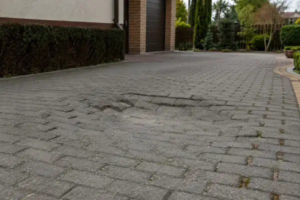 Zapadnięta kostka brukowa na podjeździe, z widocznym zagłębieniem i nierównościami.