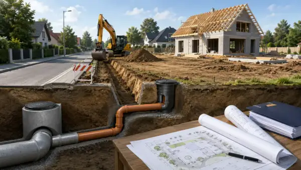 Budowa domu, wykop pod instalacje wodne, koparka, plany i dokumenty.