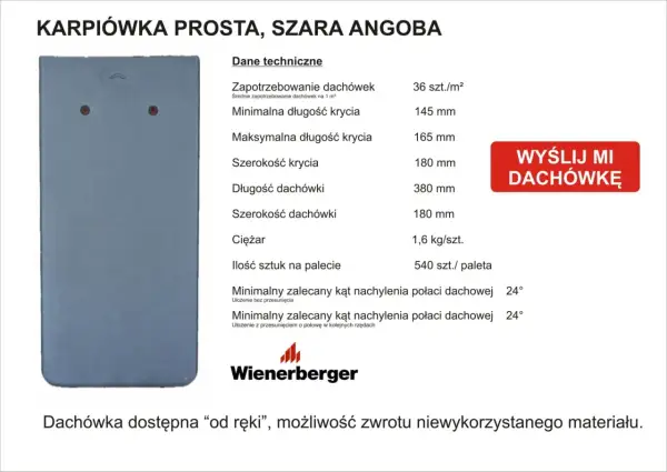 Dachówka karpiówka szara Wienerberger: 36 szt./m². Dane techniczne, wymiary, ciężar, kąt nachylenia.