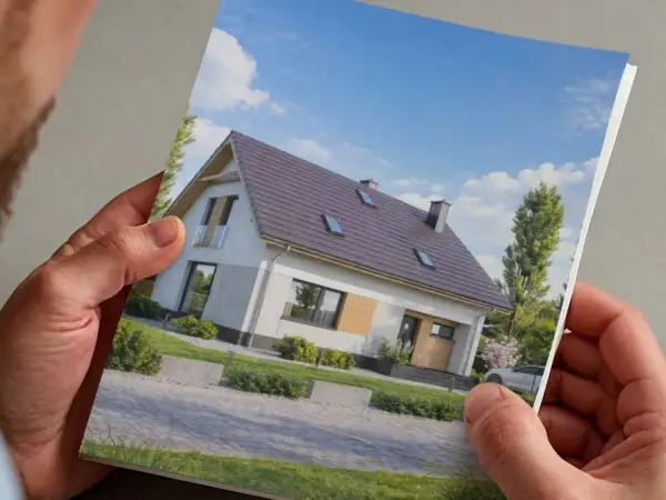 Darmowe projekty domów w katalogu. Piękny, nowoczesny dom z ogrodem i podjazdem.