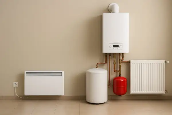 Nowoczesny system ogrzewania elektrycznego: kocioł, zasobnik, grzejnik i panel grzewczy.