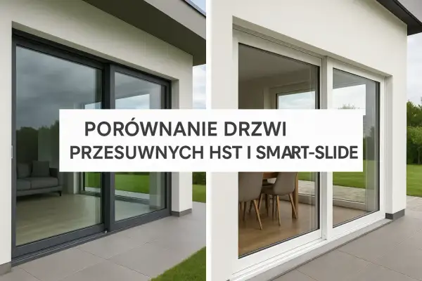 Porównanie drzwi przesuwnych HST i Smart-Slide. Dwa nowoczesne okna, jedno z szarą ramą, drugie białe, z widokiem na ogród i wnętrze domu.